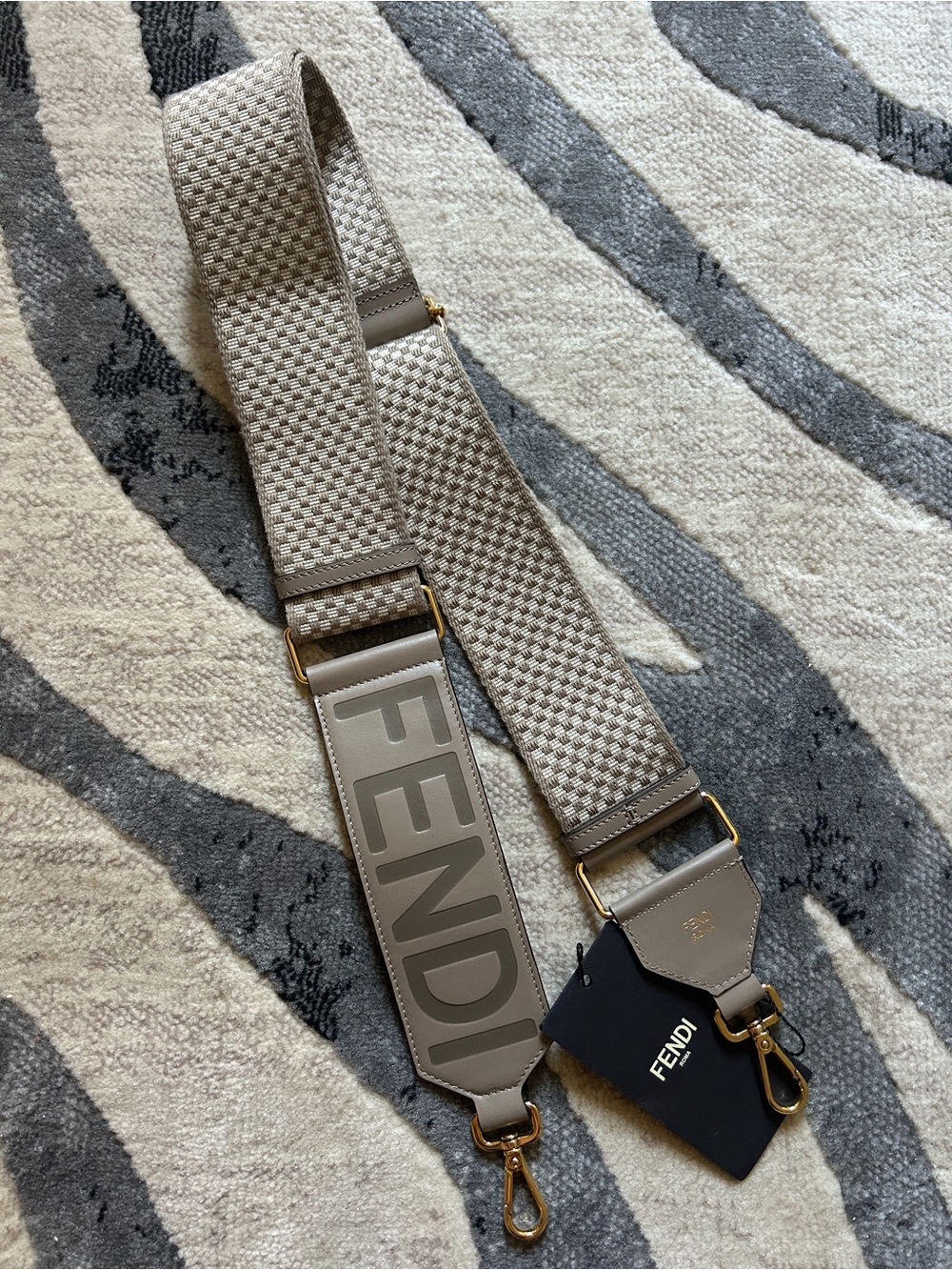 Fendi Beige Taupe Logo Webbing Messenger Strap with Gold Hardware